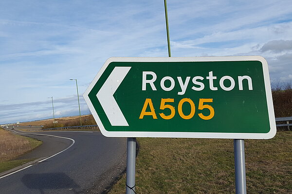 Road sign for Royston, A505