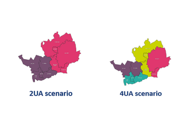 Maps of Herts unitary council option 2 and 4